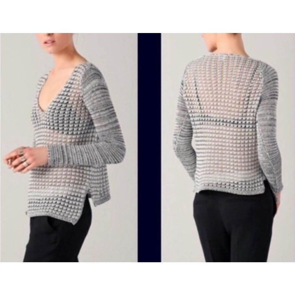 Helmut Lang Sweater Open Knit Long Sleeve Black White Grey Wide Neck Pullover L